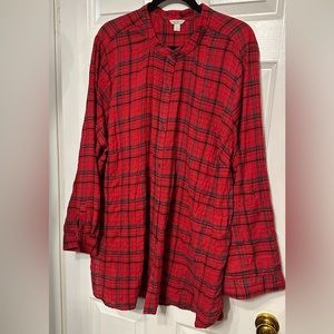 Cato Womens Size 26/28W Long Sleeve Red Plaid Button-Up Shirt Roll Tab Sleeves